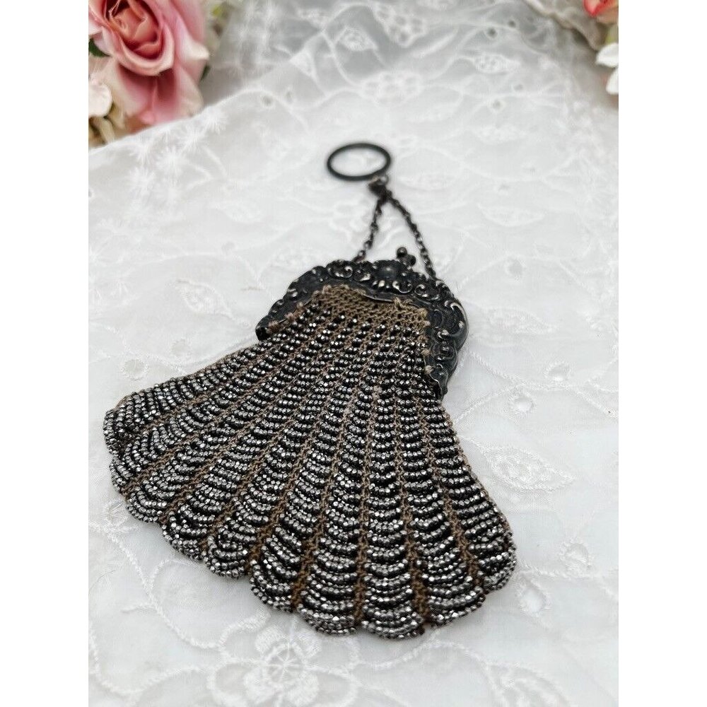Antique Silver Coin Purse 1900s Bostonia Chatelaine Beaded Coin Purse